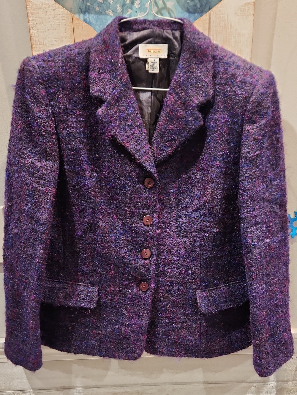 Talbots Purple Multi-Color Tweed Women's Lined Wool Blazer Sz 14